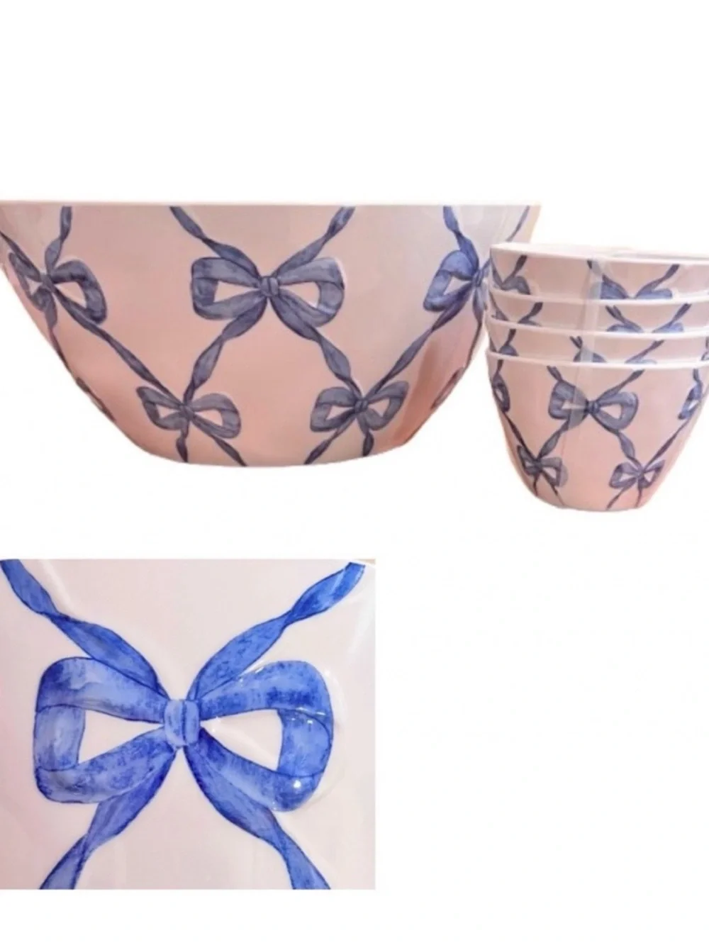 🆕-Shabby Chic- Blue Bow Coquette Melamine 5-Piece Bowl Set.
